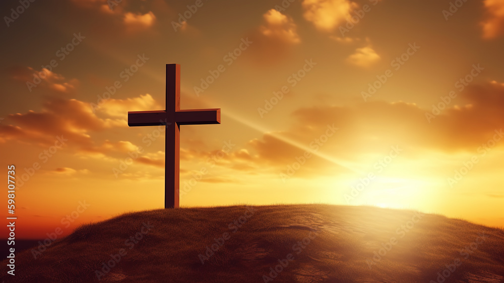 Cross of Christ Jesus on sunset background. Generative AI