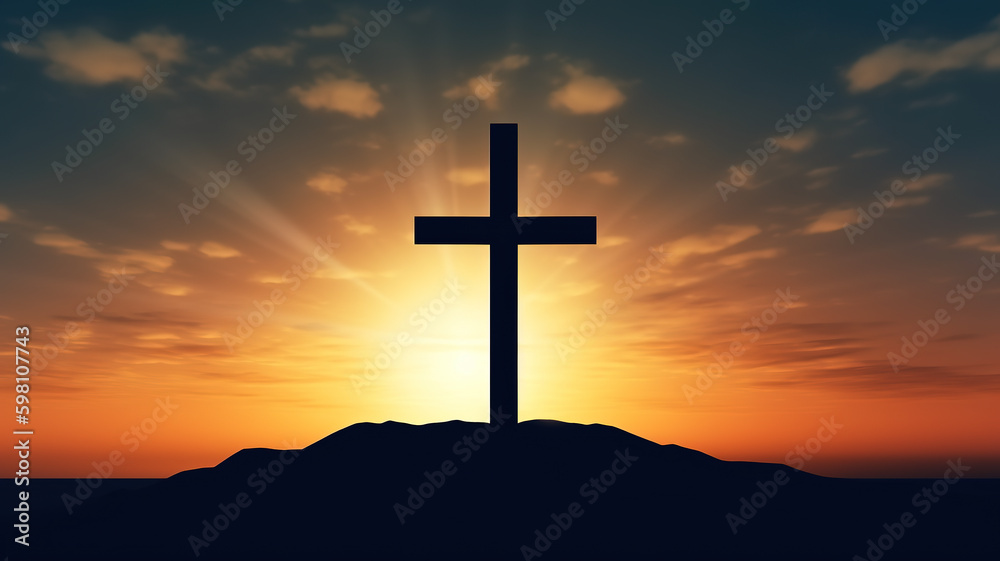 Cross of Christ Jesus on sunset background. Generative AI