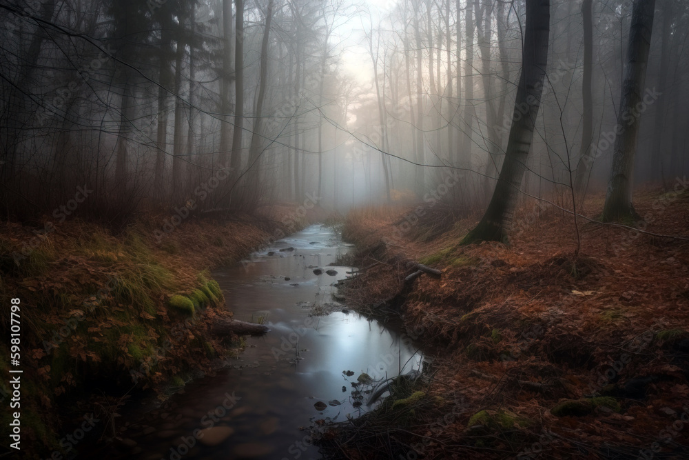 Small river in foggy forest. Digitally generated AI image