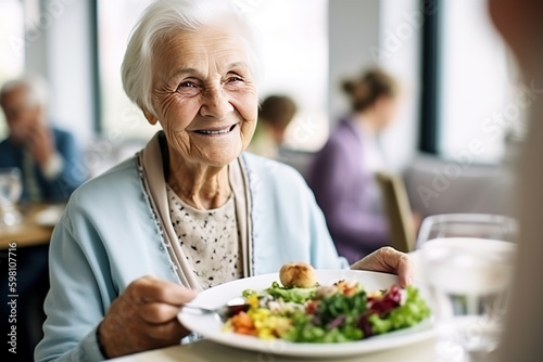 Senior woman in a retirement home having lunch. Generative AI