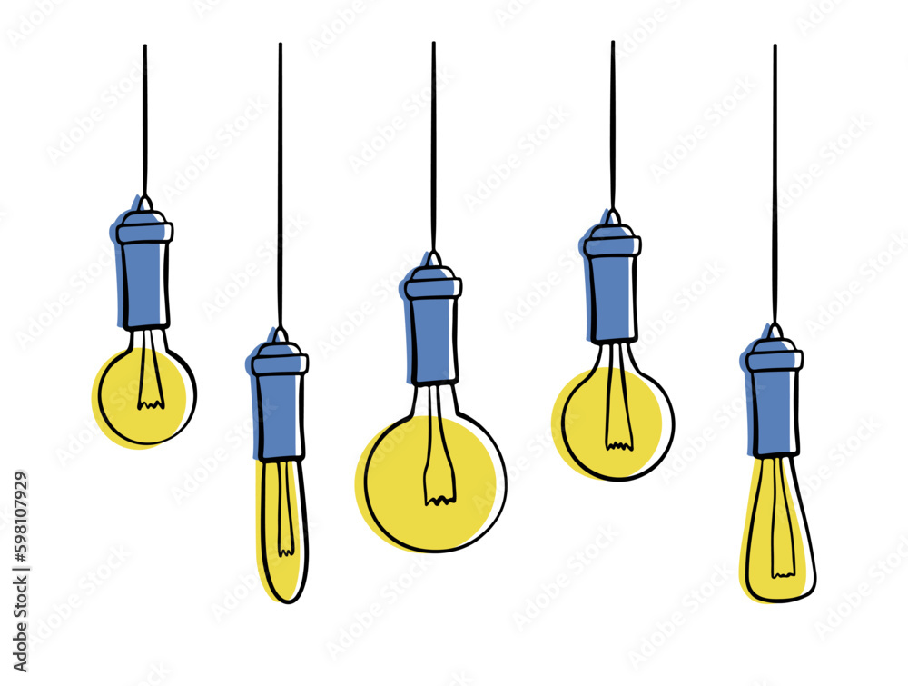 Lamps in doodle style. Incandescent light hang bulb wire. Vector illustration Lamps in doodle style. Incandescent light hang bulb wire. Vector illustration