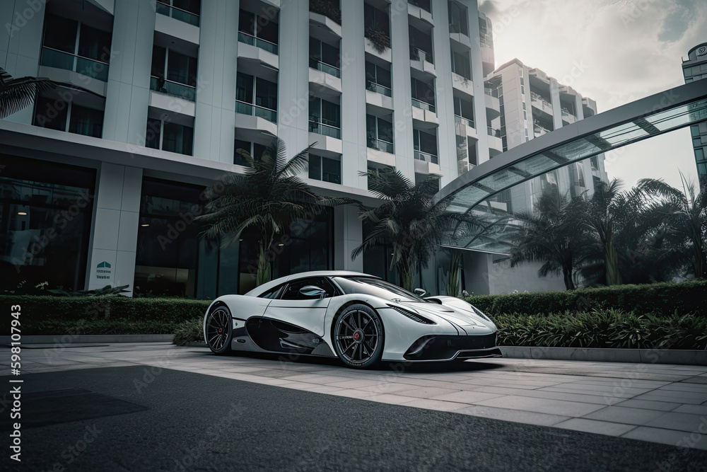Modern car near luxury hotel in city. Sportcar parked next to facade of an expensive beautiful house. Life of wealthy people. Created with Generative AI
