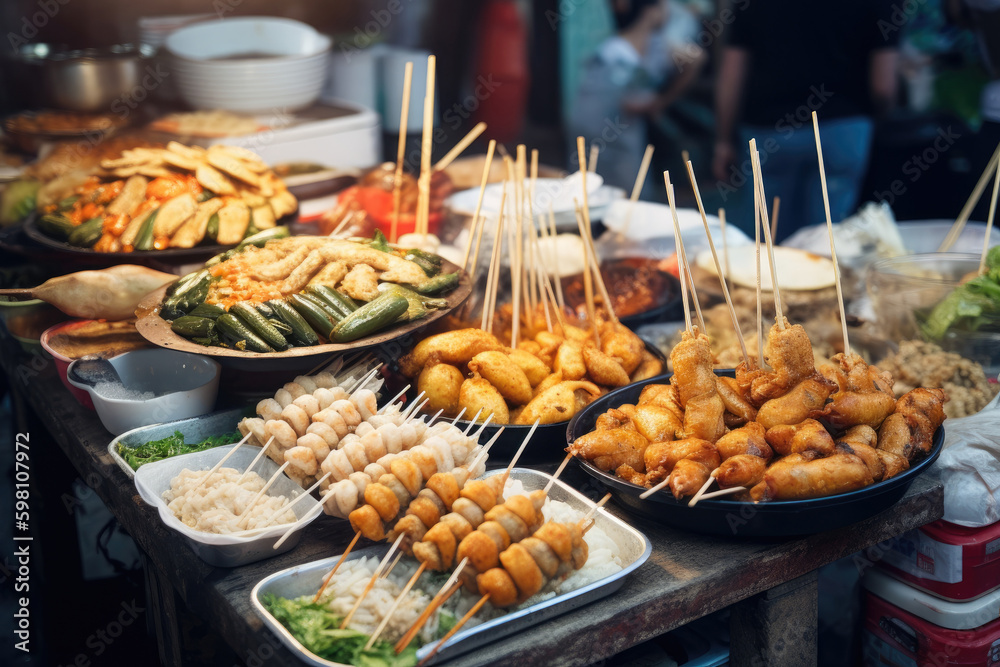 Asian street food. Fried take away food on sticks. Traditional oriental dishes at street market. Created with Generative AI