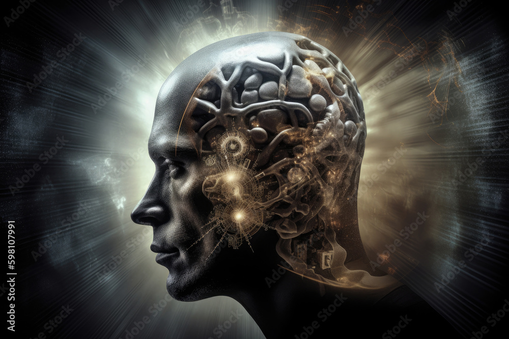Obraz premium Process of human thinking. Illustration of consciousness Silhouette of man head with gear mechanism in brain. Created with Generative AI