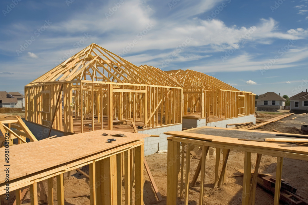 New house under construction. Wooden frame with truss, post and beams. Manufacture of houses made of wood. Created with Generative AI New house under construction. Wooden frame with truss, post and beams. Manufacture of houses made of wood. Created with Generative AI