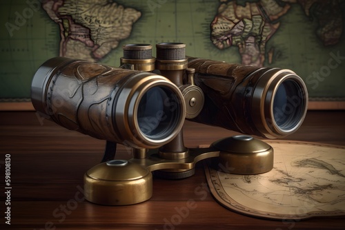 Antique binoculars resting on a wooden surface.