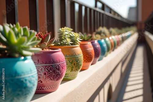 Wallpaper Mural "Vibrant ceramic planters adorned with succulent plants arranged in a straight line
