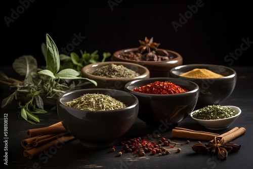 A variety of spices and herbs displayed in small containers.