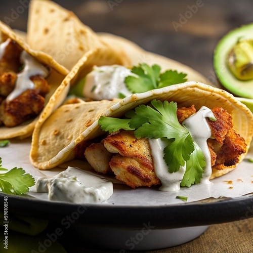 Crispy Chicken Tacos with Creamy Chipotle Avocado Sauce Made with Generative AI Technology