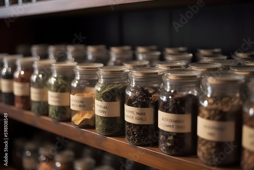 An arrangement of various tea varieties displayed in individual small glass containers.