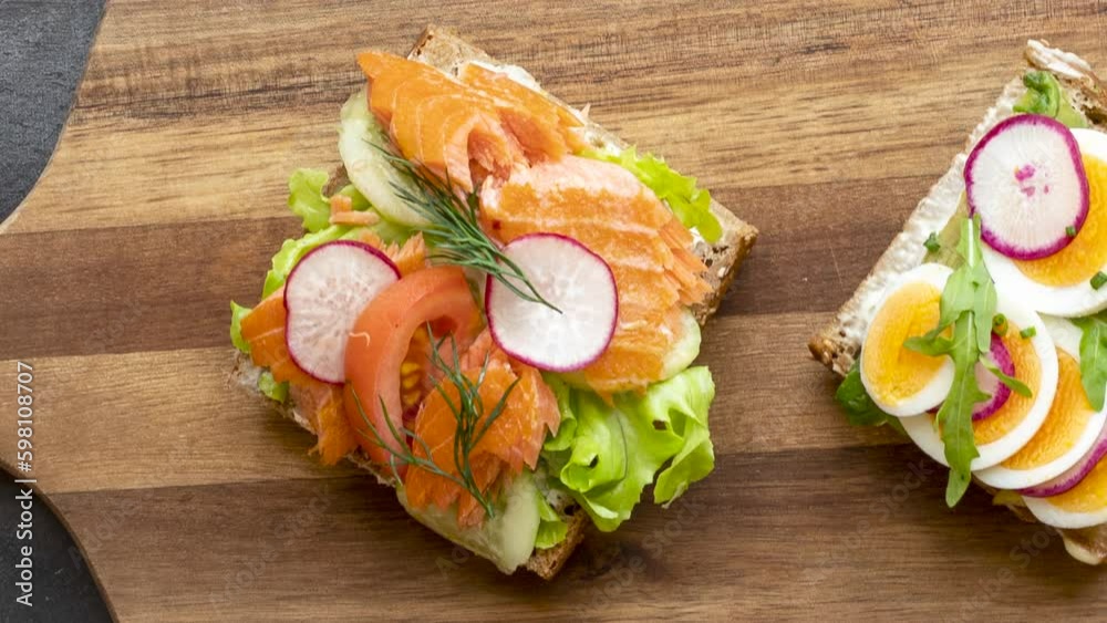 Panning Across a Variety of Toast with Smoked Salmon and Vegetables Panning Across a Variety of Toast with Smoked Salmon and Vegetables