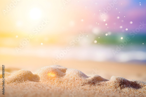 Sunny background with sandy beach and sea view, copy space, Generative AI