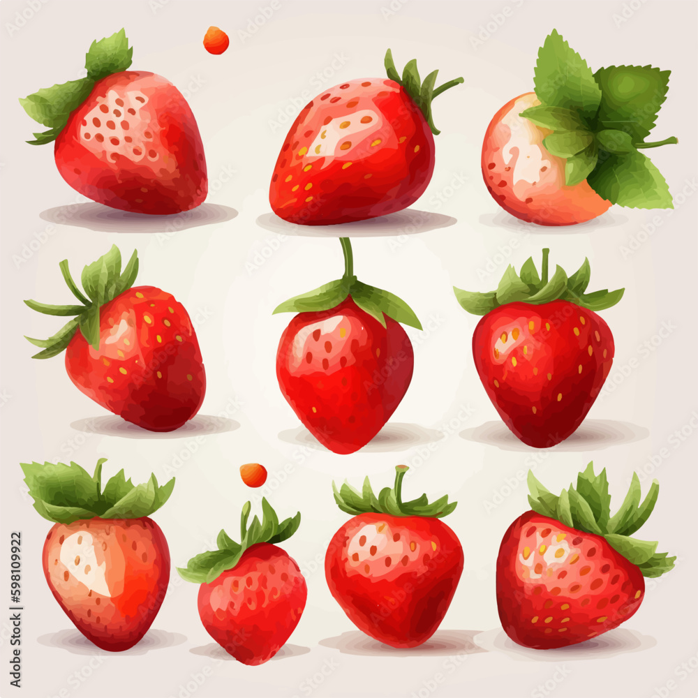 A set of strawberry illustrations in a vector format, suitable for various design purposes. A set of strawberry illustrations in a vector format, suitable for various design purposes.