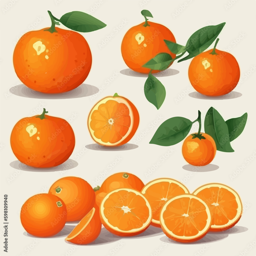 A collection of vector illustrations featuring juicy tangerines.