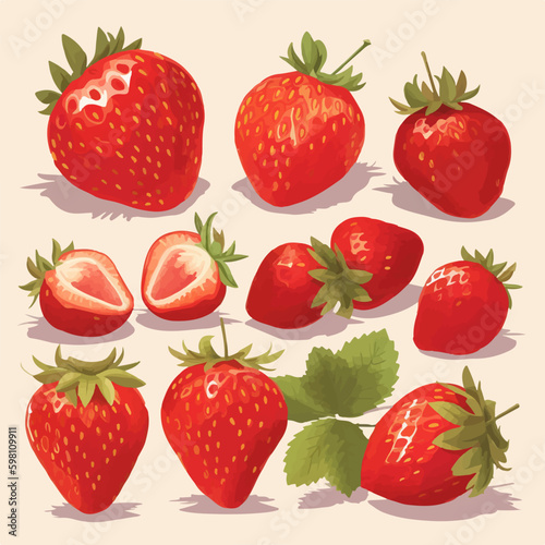 A vibrant strawberry vector illustration with a collection of stickers.