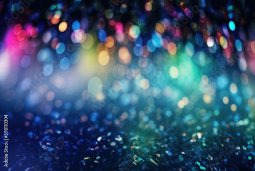 blue and colorful bokeh and sparkles. background, abstract festive texture. shines and glows. ai generative