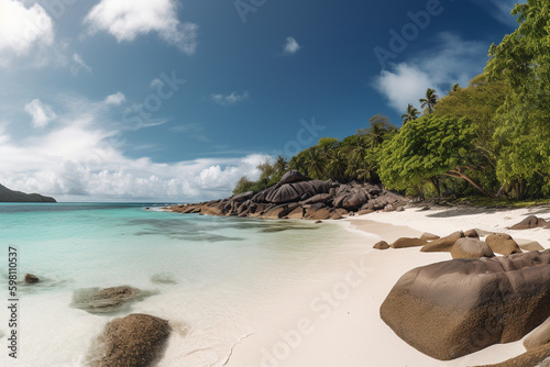 Tropical beach with boulders and, white sand, palms and crystal clear water on a sunny sumer day. Travel concept, vacation and honeymoon. Generative ai. High quality photo Generative AI