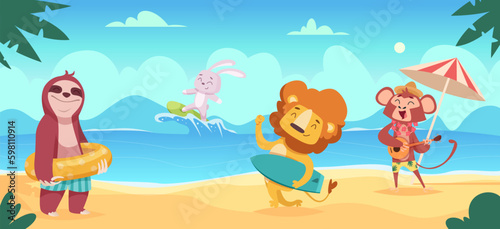 Animals on beach. Summer cartoon travellers relax in swim suit on the ocean beach exact vector wild funny animals