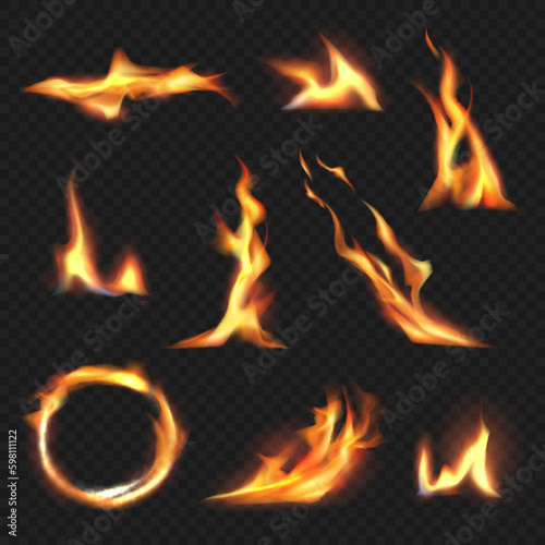 Fire shapes. Realistic hot flame decent vector templates pictures set isolated