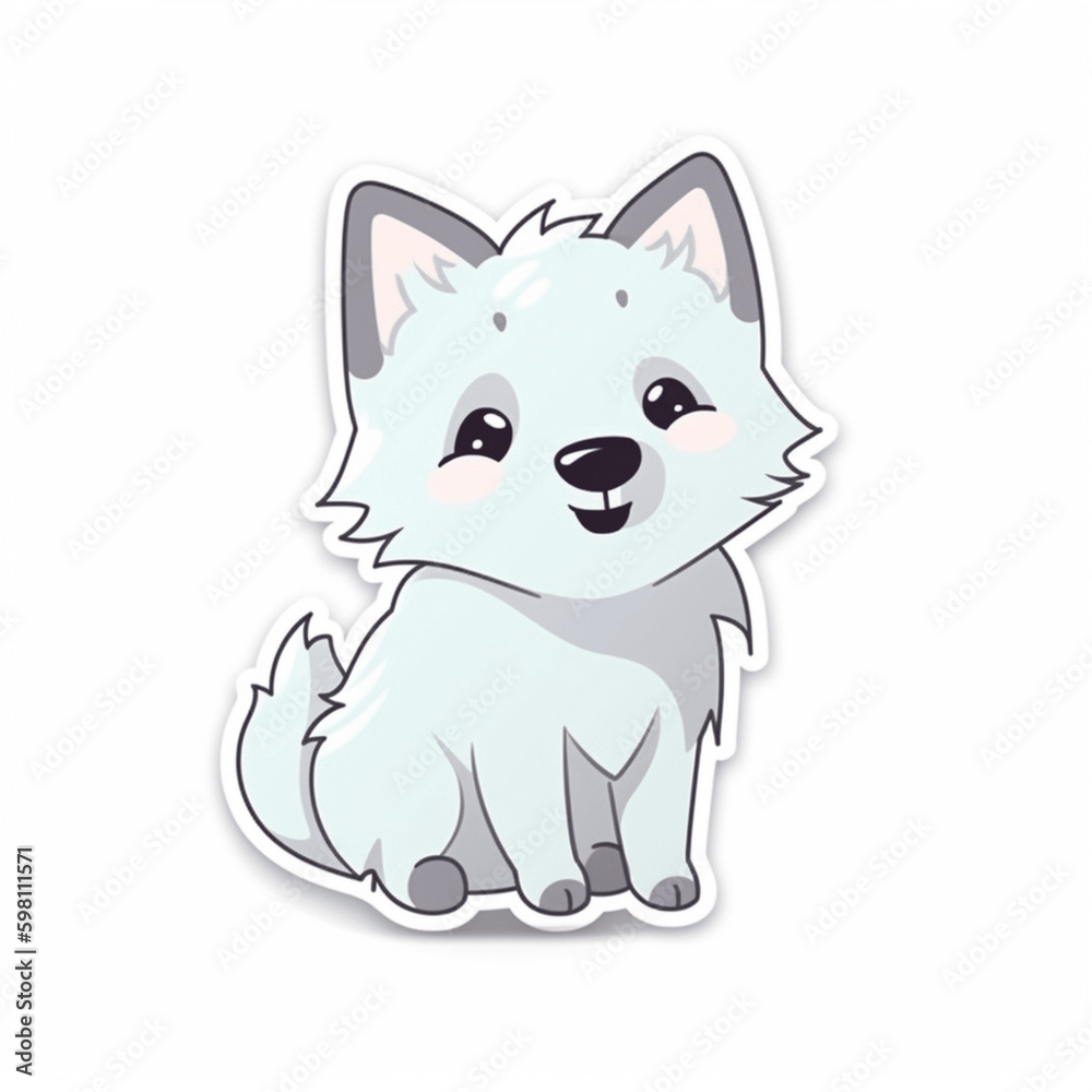 a cute little happy wolf, dog sticker art with white background