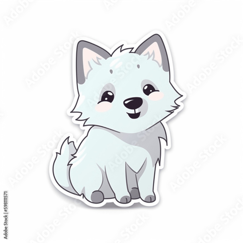 a cute little happy wolf, dog sticker art with white background