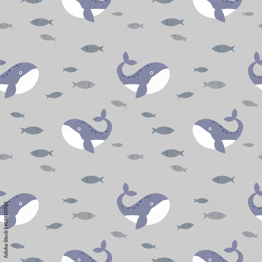 Seamless pattern. Repeating background with a whale and fish, marine motif. Gray colored ornamental pattern, boho style. Hand drawn. Design t for fabric, wrapping, printing, banner, template.Vector