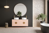 Modern minimalist bathroom interior, modern pink bathroom cabinet, white sink, wooden vanity, interior plants, bathroom accessories, black-white bathtub, panel wall, terrazzo flooring.3d rendering