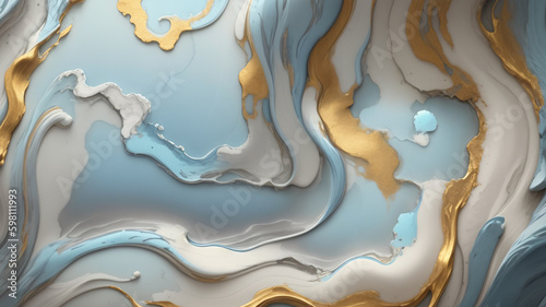 Abstract marble background in light blue and gray colors with gold streaks. Ai generative illustration