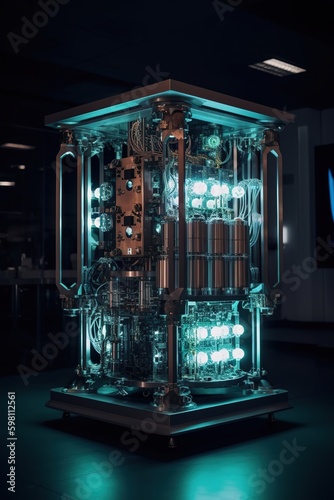 Quantum computer environment with digital technology, processing unit of an advanced artificial intelligence. Digital information, cloud computing.