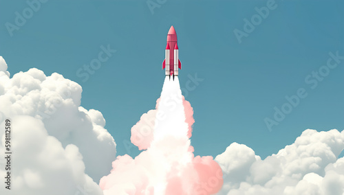 A red rocket flying into space among smoke and on a blue background. generative ai
