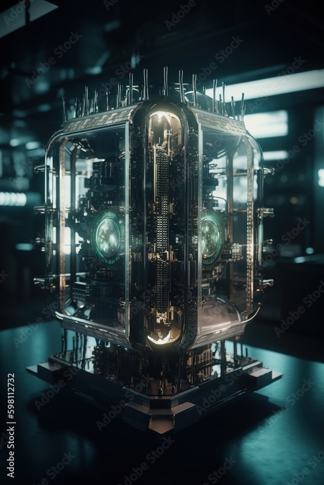 Quantum computer environment with digital technology, processing unit of an artificial intelligence. Digital information, cloud computing. Blockchain technology, internet, high speed computing system Quantum computer environment with digital technology, processing unit of an artificial intelligence. Digital information, cloud computing. Blockchain technology, internet, high speed computing system