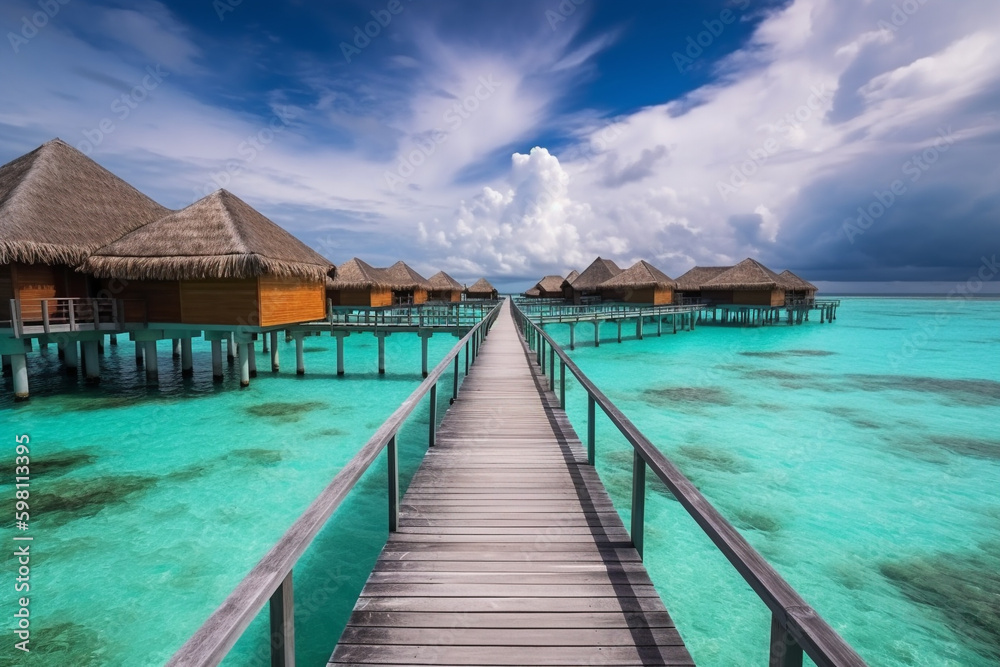 luxury water villas resort and wooden pier. Beautiful sky and ocean lagoon beach background. Summer vacation holiday and travel concept. Paradise vacation. Generative ai. High quality Generative AI