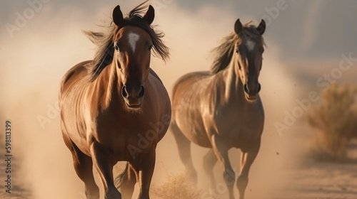 Horses with long mane portrait run gallop in desert dust  Generative Ai