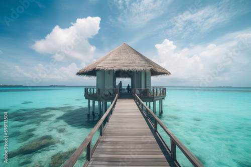 luxury water villas resort and wooden pier. Beautiful sky and ocean lagoon beach background. Summer vacation holiday and travel concept. Paradise vacation. Generative ai. High quality Generative AI © Starmarpro
