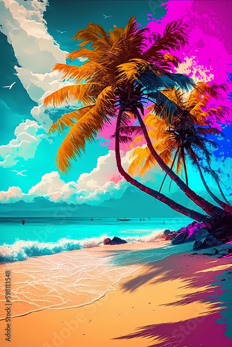 beach with palm trees - Created using generative AI tools