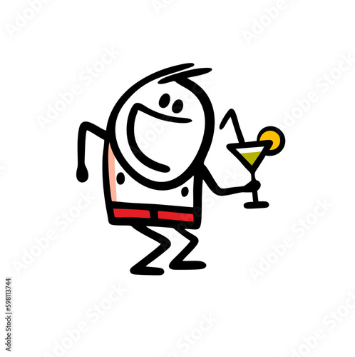 Funny guy with a glass and an alcoholic drink in his hand is dancing merrily at a beach party.