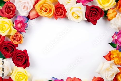 Frame of colorful flowers with blank white copy space for text.