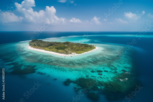 Aerial view of the tropical island, coral reef, Maldives. Generative ai. High quality photo Generative AI