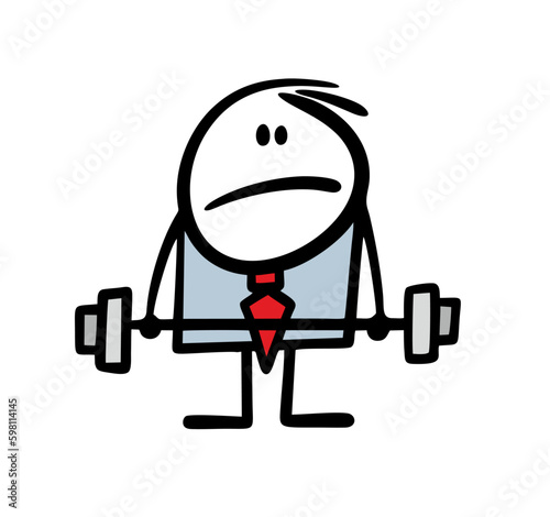 Cartoon disgruntled businessman in a business suit cannot lift a heavy barbell.