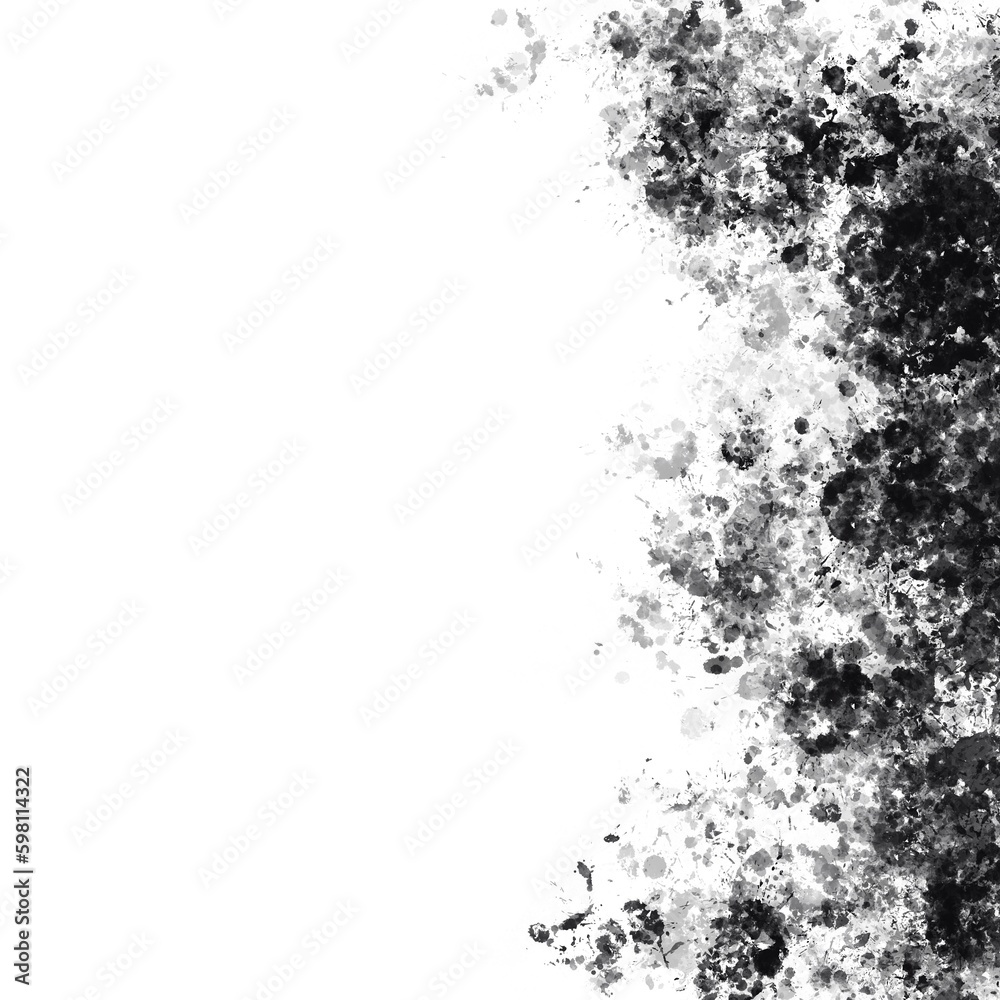 Obraz premium Black spots and splashes on a grey background. Abstract color spots. Ink spray. Background for graphic design. paint splatters. Splashes set. Splashes of paint. wet paint blots. Square banner.