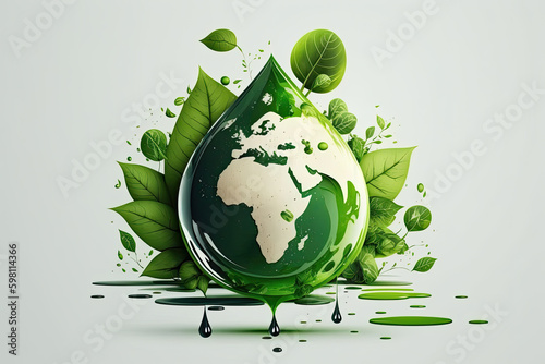Illustration of earth in water drop shapewith green leaves, concept of world water day, created with Generative AI