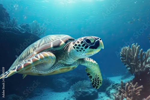 Smiling Sea Turtle Swimming Through the Bright Underwater World, Generative AI © AIGen