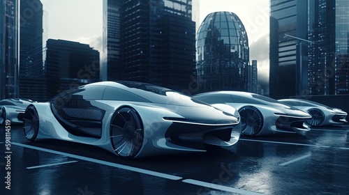 Science Fiction Meets Modern Technology: Futuristic Cars in a Business-focused Future City: Generative AI © AIGen