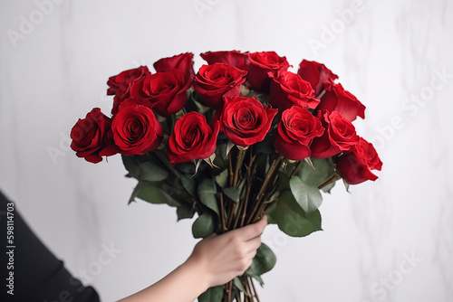 Hand holding bouquet of red roses over white background