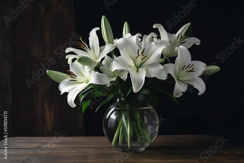 bouquet of white lily flowers stands in a glass vase on a wooden table
