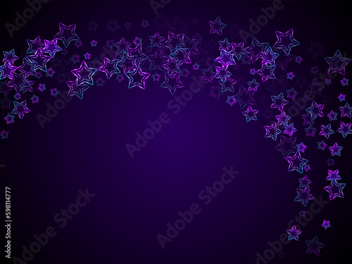 Neon luminous stars music vector background. Violet led magic New Year sparkles.