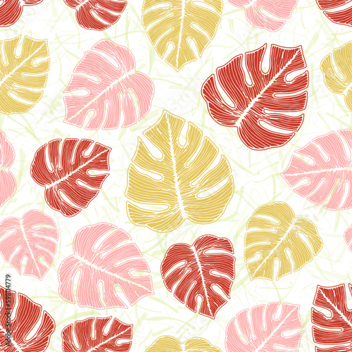 Philodendron plant foliage floral seamless rapport over noisy background.