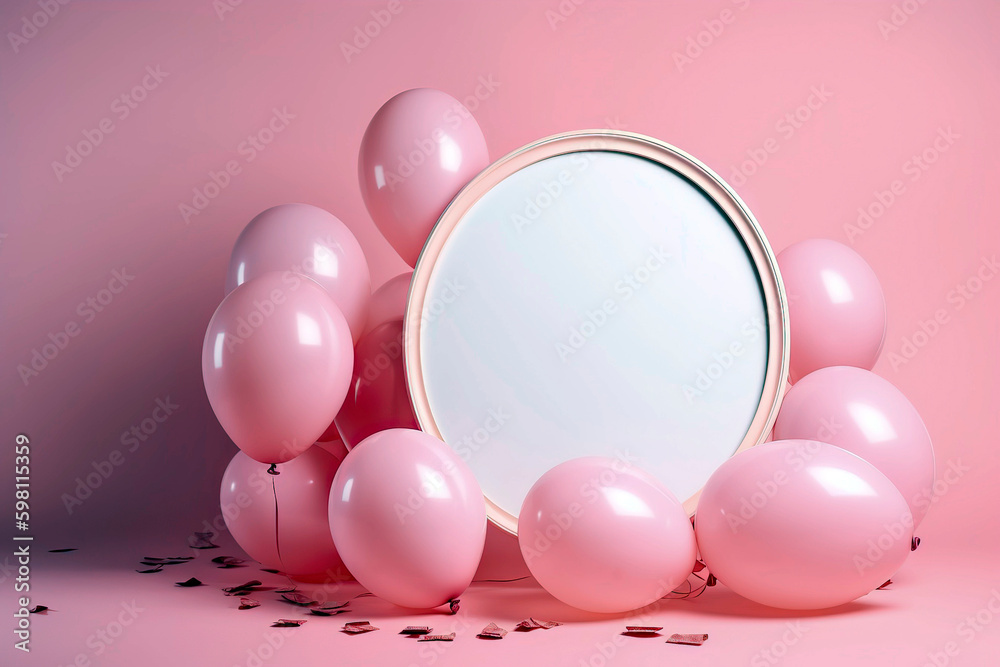 Empty Frame and pink balloons with blank copy space for text on pink background.