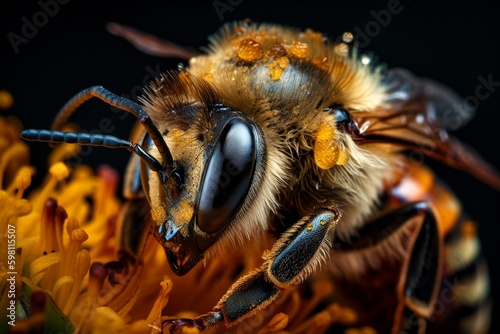 Macro closeup of a honey bee and pollen illustrated with generative AI © Grego