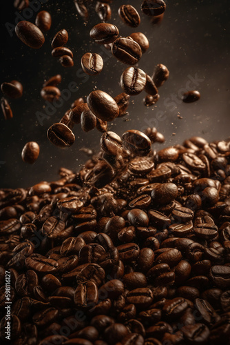 Flying coffee beans background. Close-up brown coffee beans banner. generative ai. Closeup coffee grains background